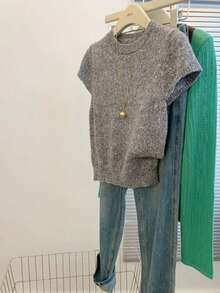 Women's Casual Round Neck Short Sleeve Ribbed Knit Top, Grey Sweater, Slightly Stretchy, Suitable For Everyday Wear, Spring/Summer - Grey - View 1