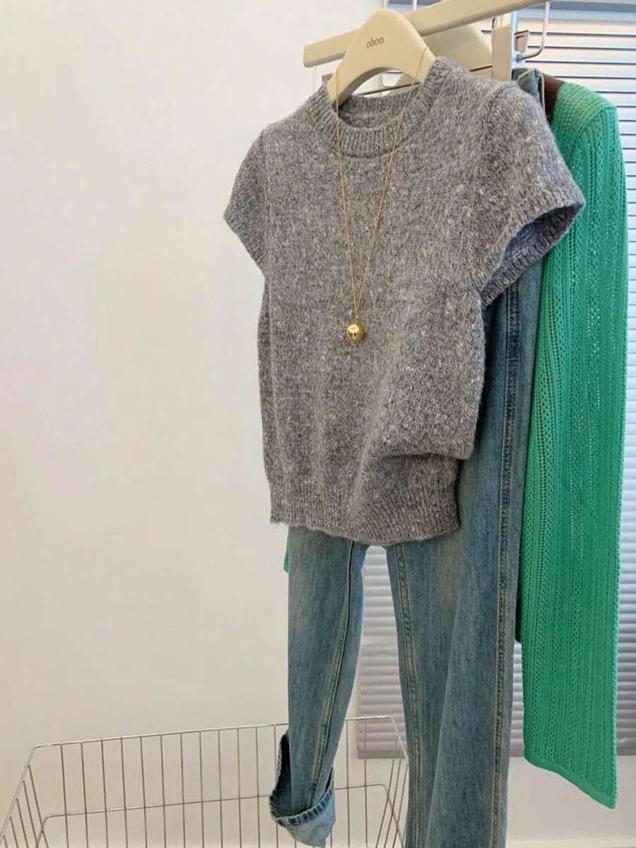 Women's Casual Round Neck Short Sleeve Ribbed Knit Top, Grey Sweater, Slightly Stretchy, Suitable For Everyday Wear, Spring/Summer - Grey - View 1