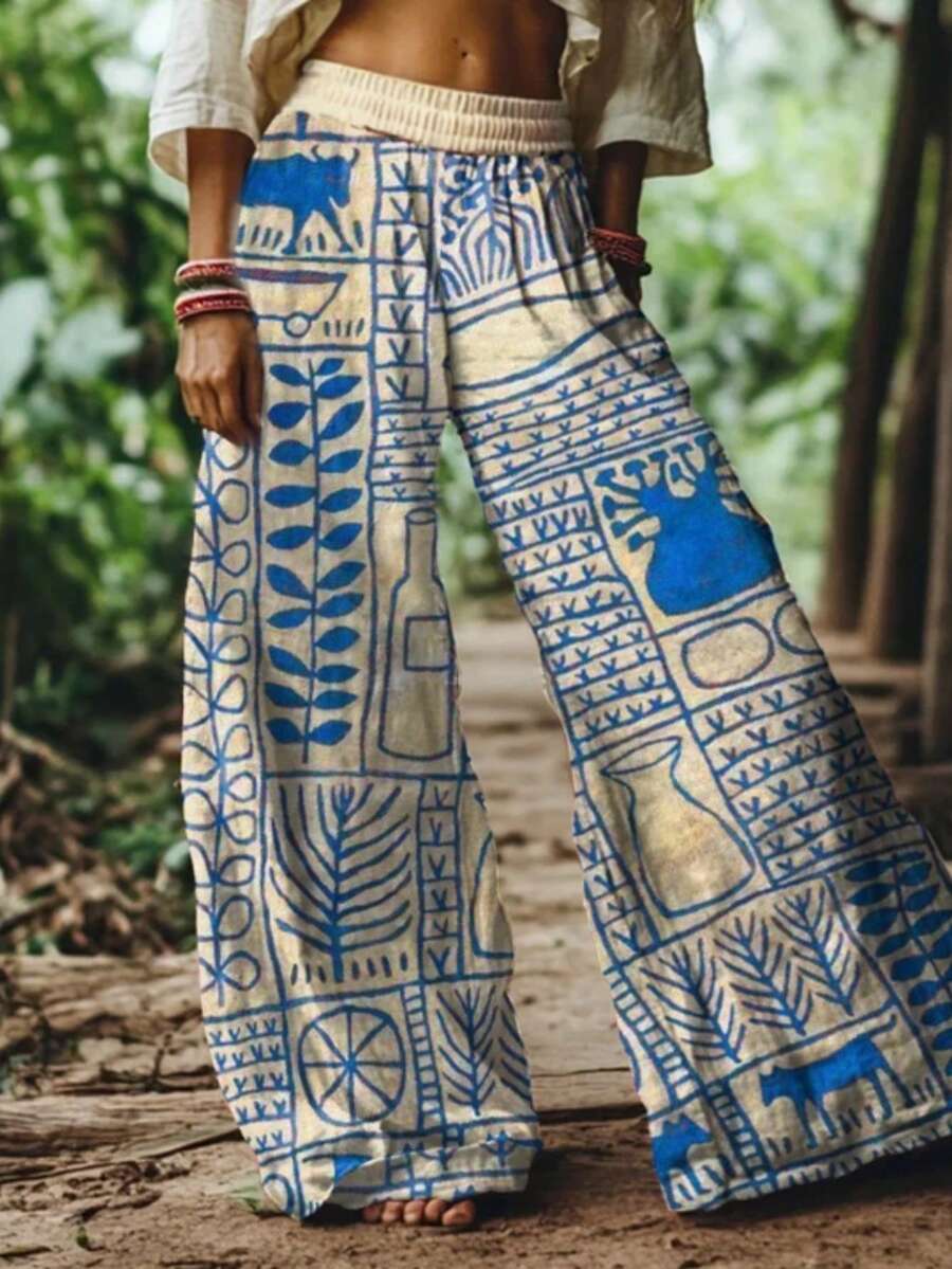 Women's Boho Print Wide-Leg Pants: High Waist With Elastic Waistband & Integrated Pockets, All-Over Blue Botanical And Geometric Motif On Off-White For Casual Day Outings, Summer Vacations And Bohemian Style. - 混合色 - 查看 1