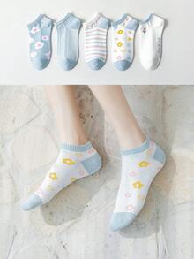 5 piezas Nuevos calcetines cortos de mujer estilo INS 2026, calcetines cortos versátiles con estampados de rayas, frutas, flores, abejas, ciervos, helados, calcetines cortos de unicolor a rayas, accesorios de moda cómodos y casuales - Multicolor - Ver 5