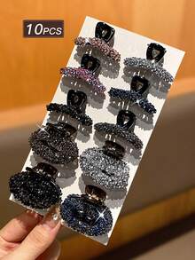 10个装女士时尚优雅可爱闪亮水钻发夹，中号，款式多样，适合节日和派对，女士发饰，女士珠宝，送给她的礼物，优雅爪夹，夏季服装，节日，派对 - 彩色 - 查看 4