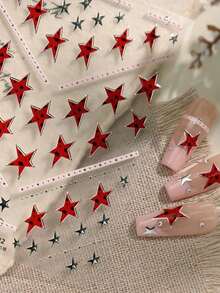 1 Pc 5D Embossed Red And Silver Five-Pointed Star Nail Polish Sticker DIY Self-Adhesive Slider Nail Sticker Nails - Red - View 2