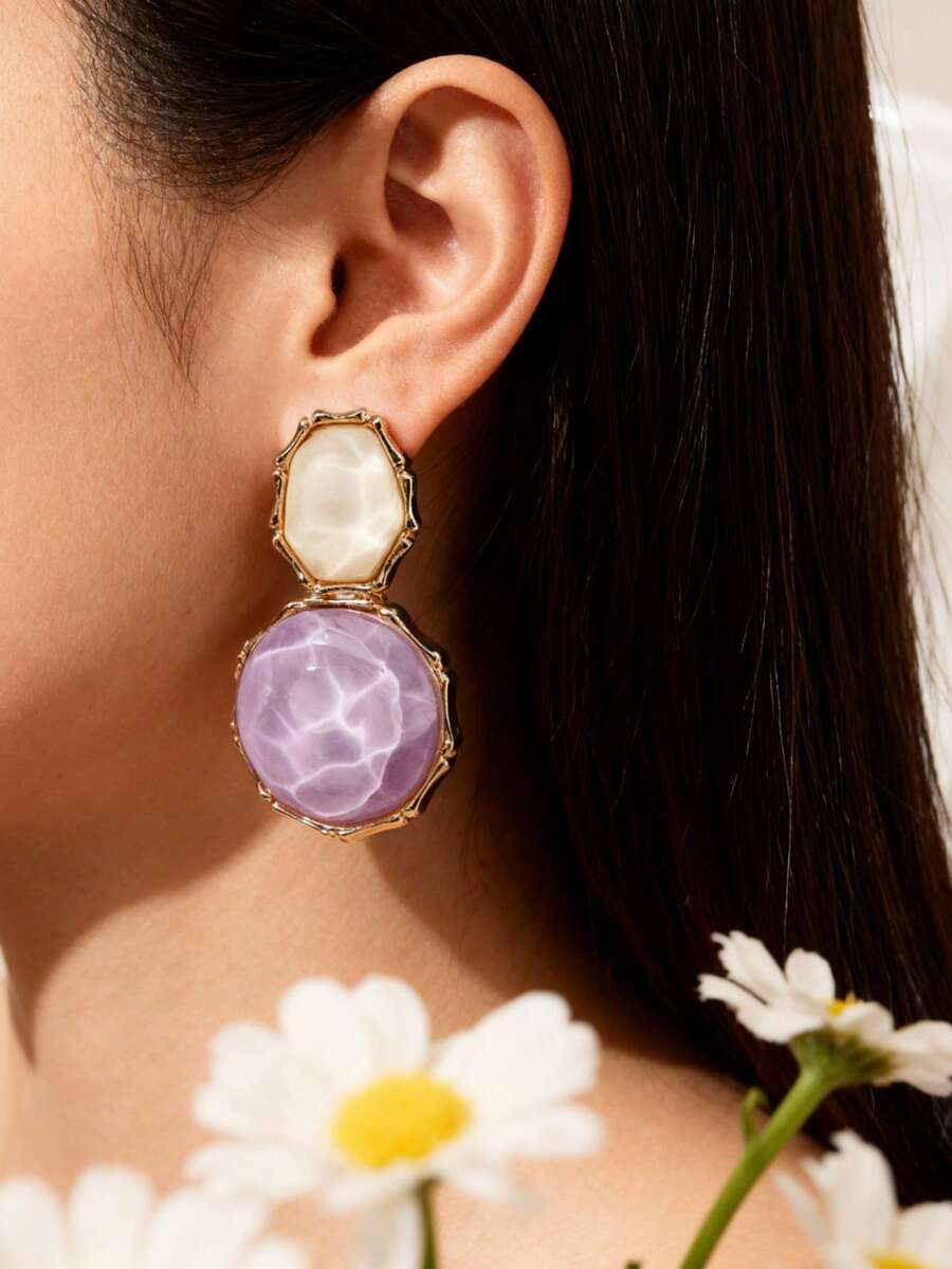1 Pair Elegant Minimalist Design Casual French Style Earrings, Pastel Color Gradient Texture (Random Color) - Purple and White - View 1