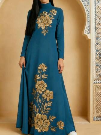 Elegantes, lang geschnittenes Damen-Kleid mit Muster, Langarm, Imitation Pailletten-Muster, hoher Kragen | Bedrucktes Kleid, Kleid im Mittleren Osten-Stil, Muslimisches Gewand
