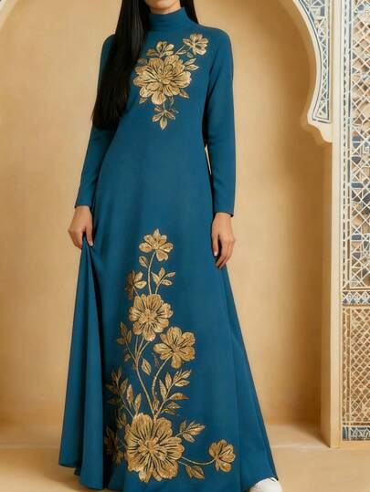 Vestido largo elegante de mujer con estampado, manga larga, estampado de lentejuelas falsas, cuello alto | Bata estampada, vestido de Oriente Medio, abaya de primavera