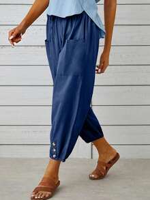 New European & American Style Loose High Waist Button 3/4 Wide Leg Pants For Women - Navy Blue 2 - View 4
