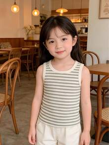 女童条纹无袖休闲背心，新款夏季女童款式 - 杏色 - 查看 8