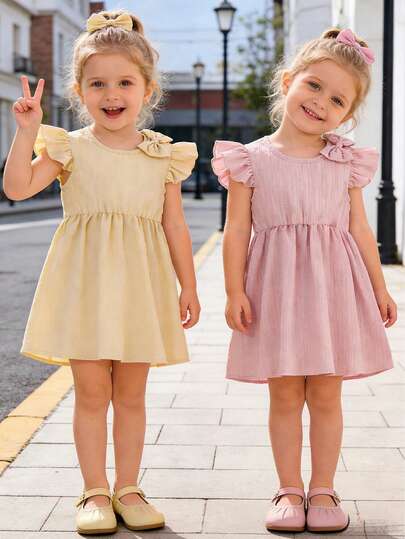 2pcs Baby Girl Princess Style Dress Set With Bowknot Ruffle Sleeve And Waist Design, Spring/Summer