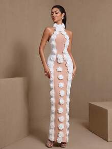 Elegant Sleeveless Halter Neck Long Floral Formal Gown For Cocktail Party - White - View 5