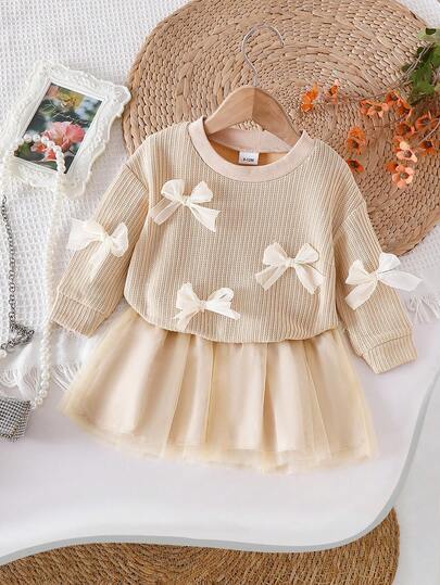 2pcs Baby Girls' Set, Light Brown Knit Top With Bow Accent Paired With Matching Mesh Skirt, Sweet & Cute