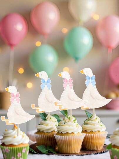 2pcs Silly Goose Cupcake Toppers, Goose Birthday Decorations, Party Supplies, Suitable For Cake Decorations, Girls Birthday Party, Gender Reveal Party, And Other Special Occasions Requiring Cute Decorative Elements.
