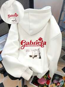 KATSEYE Gabriela Women'S Hooded Sweatshirt - Black With Red Lettering & Cat Face Graphic, Adjustable Drawstring Hood, Cozy Fall/Winter Pullover, Casual Long Sleeve Top For Casual Attire, Cat Hoodie, Autumn Apparel, Playful Design, Comfortable Fit, Durable Fabric, Streetwear Style,  Hoodie, Soft Material, Printed Hoodie, Streetwear Lovers, Cat Lovers, Women'S HoodiesOversized Women's Hoodie,Street Style Outfit,Sudadera - trắng - Xem 11
