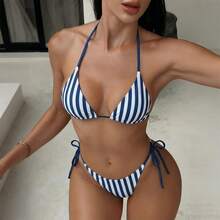 New Soft Women's Elegant Two Pieces Swimwear, Floral Paisley Animal Leopard Print, USA Rugby Style Striped Demin Navy Blue & White Drawstring Sexy Bikini Set, Spaghetti Strap Lace-Up Back Triangle Top & Thong Jamaica Swimsuit - Navy Blue - View 3