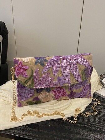 New Chinese Style Embroidered Floral Handbag, Versatile Chain Strap Sequin Decor Large Capacity Shoulder Crossbody Envelope Bag