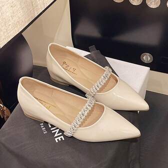 Women's Elegant French Style Pointed Toe Rhinestone Strap Mary Jane Shoes, Comfortable Casual Shoes For Spring/Summer