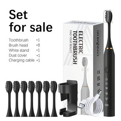 1 pieza Cepillo de dientes eléctrico rosa, 8 cabezales de cepillo reemplazables, 1 soporte de pared, 1 cubierta antipolvo, IPX7 resistente al agua, 5 modos de limpieza, larga duración de la batería, cepillo de dientes eléctrico recargable por USB para adultos