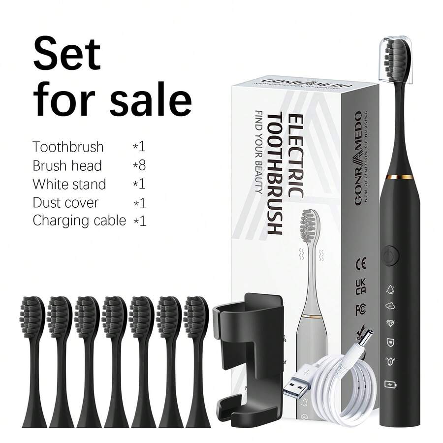 1支粉色电动牙刷，8个可替换刷头，1个壁挂支架，1个防尘盖，IPX7级防水，5种清洁模式，超长续航，USB充电式成人电动牙刷 - 黑色 - 查看 1