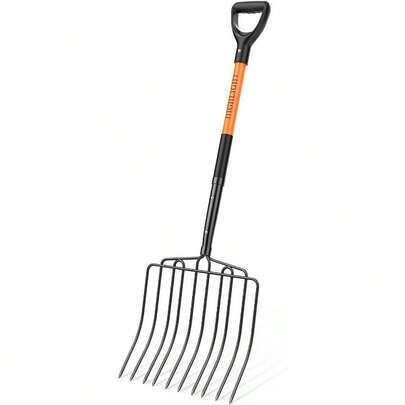 HIGHLIGHT 10 - Tine Wide Pitch Fork Manure Heavy Duty With Unbreakable Fiberglass Handle, 45 - Inch Ergonomic Grip