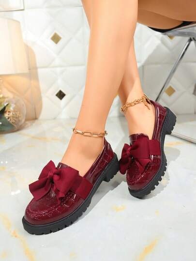 Comfortable Women's Flat Loafers, Round Toe Design, Fresh Color Scheme, Similar Style To Penny Loafers, Thick Sole Casual Shoes, Plaid Bow Decor, Suitable For All Seasons