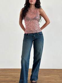 Women's Sequin Tank Tops,Slim Fit Sheer Knitted See Through Tops,Crew Neck Sparkly Camisole Vest Glitter Crop Tank,Stylish Solid Color Casual Sleeveless Vest,Y2K Teen Girl Going Out Mesh Party Shirt Streetwear,Rave Outfits,Suitable For Birthday/Dating/Daily Shopping/Concert/Brunch/Daily Wear/ Summer Vacation - Hồng - Xem 5