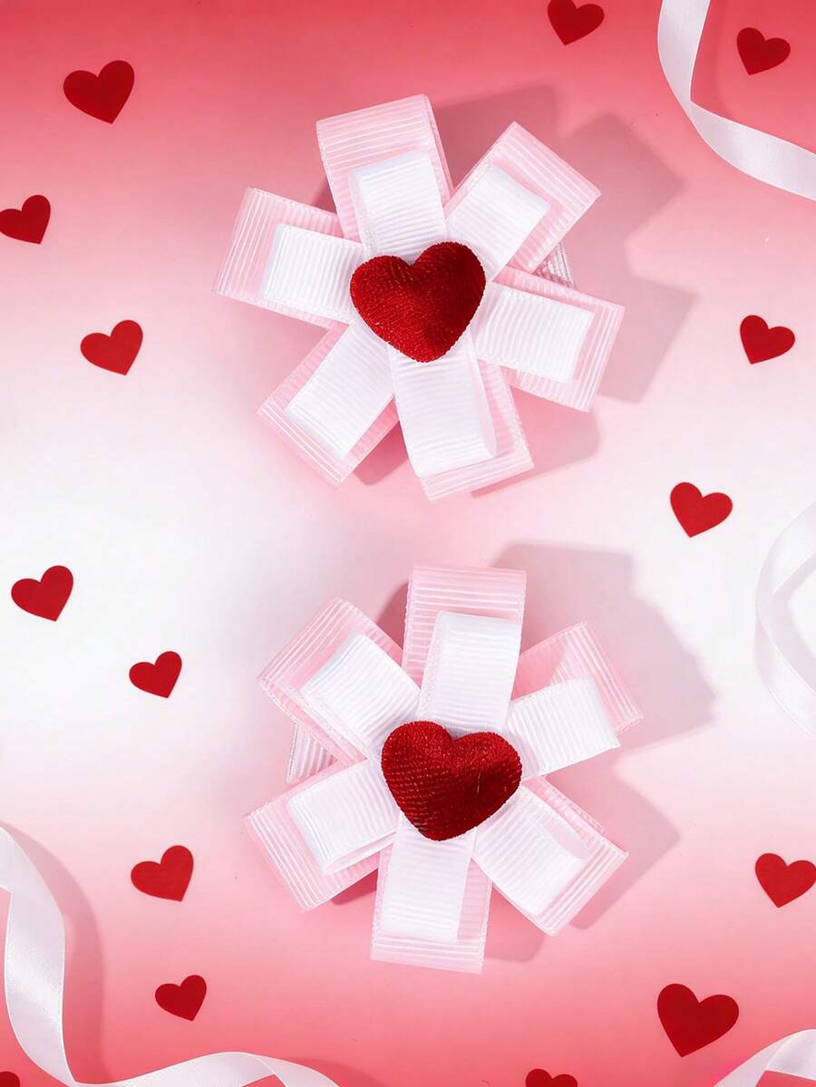 2pcs New Year 2026 & Valentine's Day Hair Clips For Girls, Pink Red Heart Hair Barrettes Compression Clips Flower Hairpins, Sweet Princess Hair Accessories For Girls Gifts,Spring,Daily - Multicolor - View 1