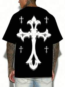 Men's Stylish Cross Print Casual Short Sleeve T-Shirt - Black - View 4