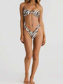 Women Y2k Bikini Set Polka Dot Print Strapless Bra Bandeau Top With High Cut Briefs Bathing Suit 2-Piece Swimsuit Beach Vacation Beachwear - 黑與白 - 查看 5