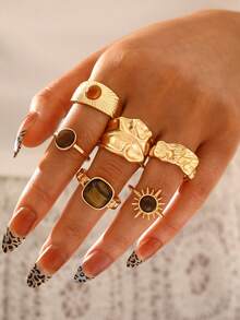 Bộ 21/8/7/6 chiếc nhẫn xếp chồng kiểu Bohemian tối giản cổ điển, tinh tế, mạ vàng, bao gồm các thiết kế hoa, nơ, ngọc trai không đều, xoắn, trái tim, pha lê, mặt trăng, ngôi sao, thánh giá, đá mắt mèo, phù hợp cho nữ giới, các dịp lễ, tiệc tùng, hẹn hò, đeo hàng ngày, làm quà tặng. - Vàng - Xem 8