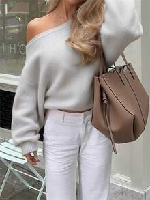 女士新款休闲纯色宽松露肩长袖毛衣，浪漫粉色，超大针织上衣 - 灰色 - 查看 3