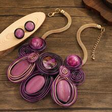 Exaggerated Multi-Layer Handmade Heavy Aluminum Wire Woven Resin Chain Bohemian European And American Middle Eastern European Korean Version Evening Party Holiday Women's Fashion Beautiful Retro Teardrop Necklace Earrings - Purple - View 5