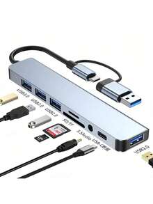8-In-1 Docking Station Hub, USB 3.0 Multi-Port Hub Splitter, Suitable For Mobile Phones/Computers/Speakers/Tablets/TVs - 銀色 - 查看 8