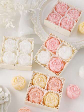 Set de regalo de 4 piezas/1 set de velas aromáticas de rosa, velas florales románticas hechas a mano de cera de soja, velas de aromaterapia sin humo, adecuadas para dormitorio, entrada, sala de estar, mesa, patio exterior, regalos de cumpleaños y fiestas, regalos, recuerdos, regalos del Día de San Valentín, decoración de bodas