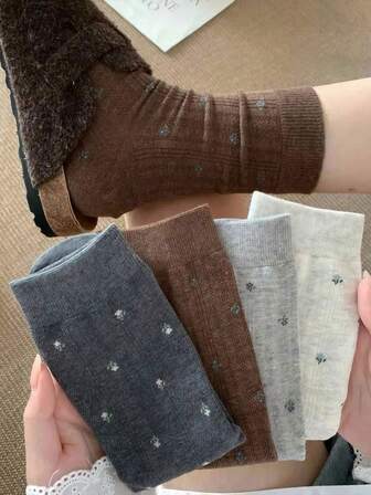 4 Pairs Minimalist Floral Mid-Calf Socks, French Elegant Retro Style Round Toe Socks, Autumn/Winter