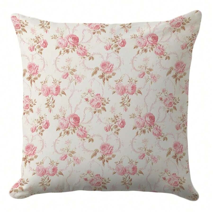 Floral Pillow Cover 18x18 – Vintage Pink Rose Throw Pillow Case With Baroque Floral Pattern – Shabby Chic Cottagecore Cushion For Romantic Bedroom Or Feminine Living Room Decor - 淡粉紅色 - 查看 1