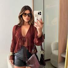Romantic Tulle Blouse | Long Sleeves With Ruffles And Front Tie - Rỉ Nâu - Xem 2