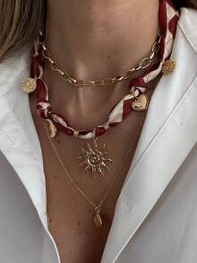 Bộ 3 món phong cách Bohemian gồm khăn quàng cổ và dây chuyền hình mặt trời, trái tim, vỏ sò dành cho nữ, trang sức kim loại sang trọng, nhẹ nhàng, thích hợp cho các bữa tiệc, đám cưới, ngày lễ, quà tặng quyến rũ. - vòng cổ - Xem 4