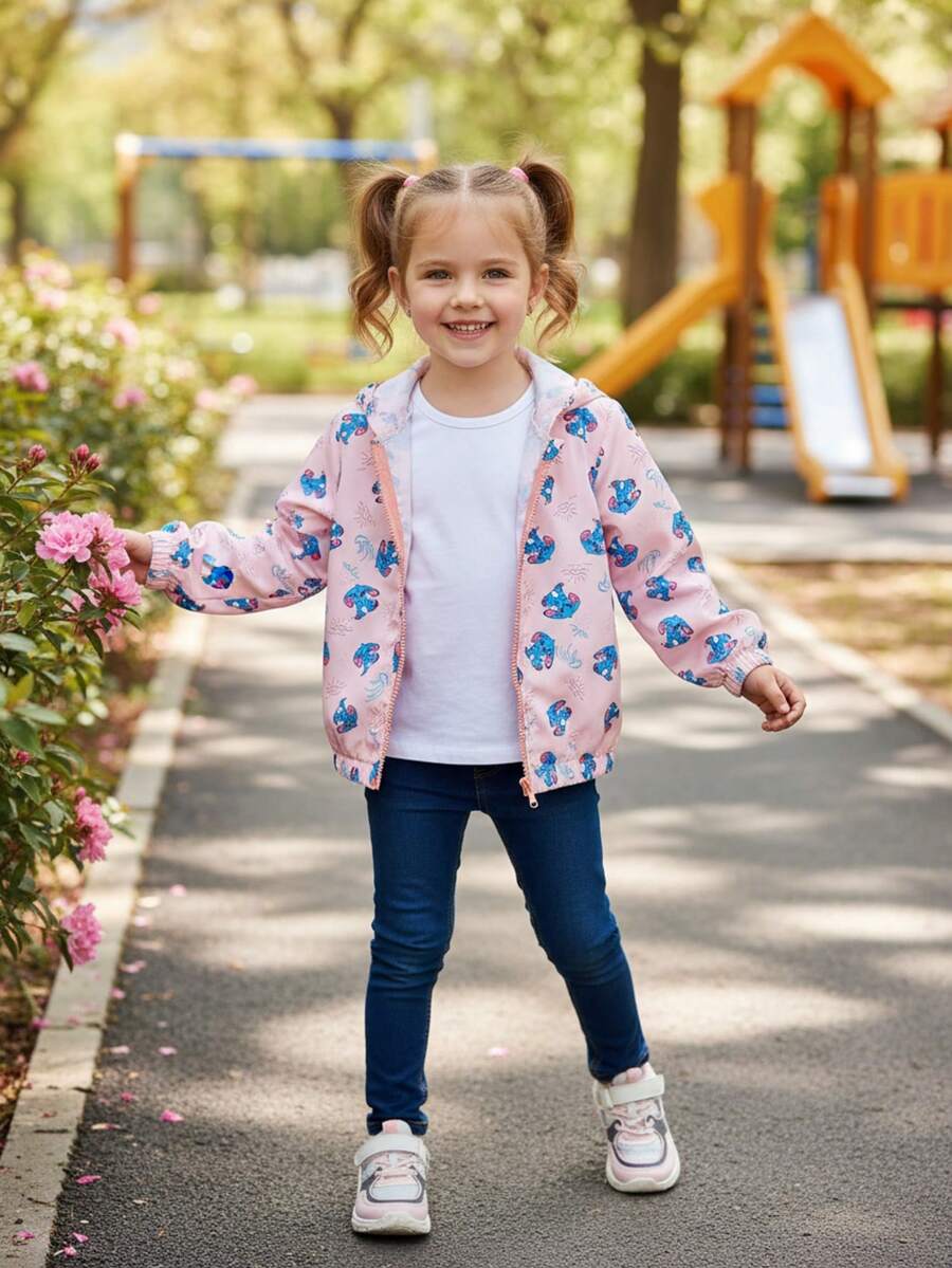 Young Girls Casual Cute Cartoon Elephant & Strawberry All-Over Print Long Sleeve Hooded Jacket, Girls Lightweight Jacket, Spring/Autumn, Pink