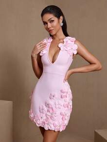 Women's Sleeveless Knit Dress, Elegant 3D Floral Decor And Zipper Details, Suitable For Parties Party Pink Wedding Fall - Pink - View 1