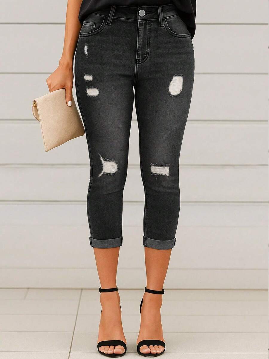女士优雅通勤风卷边破洞七分牛仔裤，秋冬休闲夏季款 - 深灰色 - 查看 1