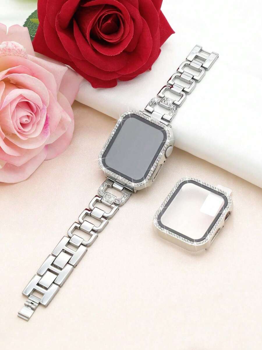 Compatible With Apple Watch Bands 49mm 46mm 45mm 44mm 42mm 41mm 40mm 38mm, Suitable For Women, Fashionable Rhinestone D-Shape Metal Watch Band + Shiny Rhinestone Shockproof And Scratch-Resistant PC Watch Case With Tempered Glass Screen Protector, Compatible With Apple Watch Series Ultra 3/2/1 11 10 9 8 7 SE3 6 5 4 3 2 1 - Silver - View 1