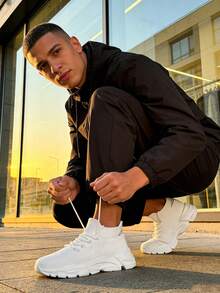 White Platform Sneakers For Men, Chunky Sole Knit Shoes, Breathable Mesh Casual Shoes, Lightweight Walking Shoes - Cool Comfort Gift - 白色 - 查看 6