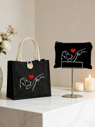 Söpö kannettava käsilaukku ja meikkilaukku, söpö viivakuvio pennusta, kuva pennusta ja sen omistajasta nyrkkitervehdyksessä, rakkauskoiran kuvio, kevyt taittuva säilytyslaukku, monitoiminen käsilaukku