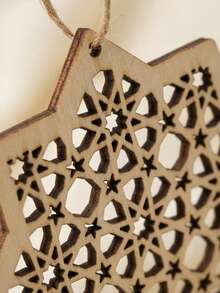 3pcs Ramadan Wooden Hanging Ornaments Set, Aesthetic Hollow Moon Star Lantern Cutout Design, Rustic Islamic Home Decor For Eid Mubarak Party Wall Window, Boho Gift Idea - Multicolor - View 3