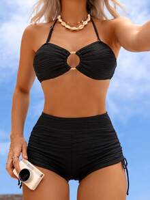 女士休闲搭扣挂脖比基尼套装，下装遮盖面积较大，中等弹力面料，适合夏季度假 - 黑色 - 查看 1
