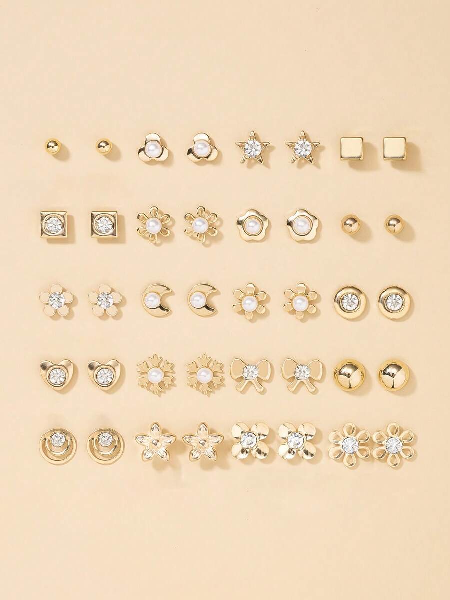 20 Pairs/Set Cute Star, Moon, Rhinestone, Bow, Flower, Heart Stud Earrings For Women, Daily Wear Gift - Yellow Gold - View 1