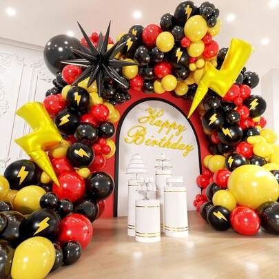 128pcs Lightning Themed Balloon Arch Set, Includes Foil Balloons In Explosion Star & Lightning Shapes, As Well As Red, Black & Yellow Latex Balloons. Suitable For Birthday Party, Baby Shower, Game Decor And Cartoon Lightning Themed Party Decoration.