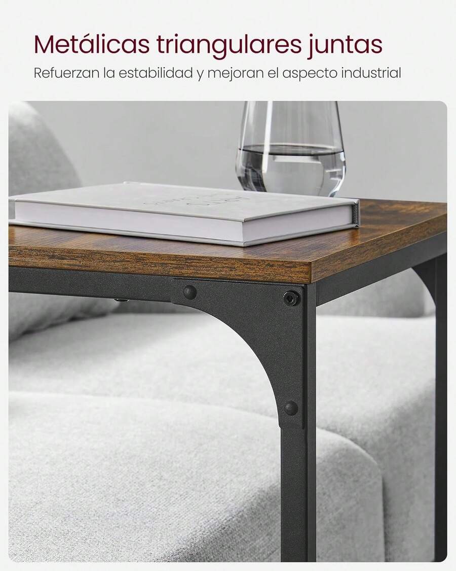 VASAGLE Mesa Auxiliar en Forma de C, Mesita de Noche, Marco de Metal, para Sala de Estar, Dormitorio, Marrón Rústico y Negro Tinta MLET353B01 - Abedul grisáceo + negro - Ver 1