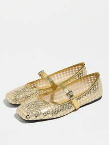 Plus Size Hollow Mesh Shoes, 2026 New Summer Sequin Glitter Strap Buckle Fashion Party & Daily Wear Gold Square Toe Flat Mary Jane Shoes
