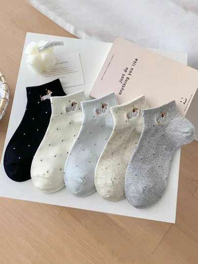 5双随机卡通腊肠犬印花短袜，春夏款