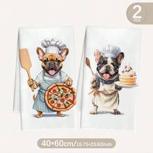 MEMNUN 2 khăn lau bếp in hình chú chó Bulldog Pháp hoạt hình, kích thước 15.75*23.62in (40*60cm), chất liệu polyester siêu mềm, họa tiết chú chó Bulldog dễ thương cầm thìa và bánh pizza, chú chó Bulldog cầm muỗng và bánh trái cây, quà tặng cho nhà bếp, nhà hàng, sử dụng được quanh năm. - Nhiều màu - Xem 2